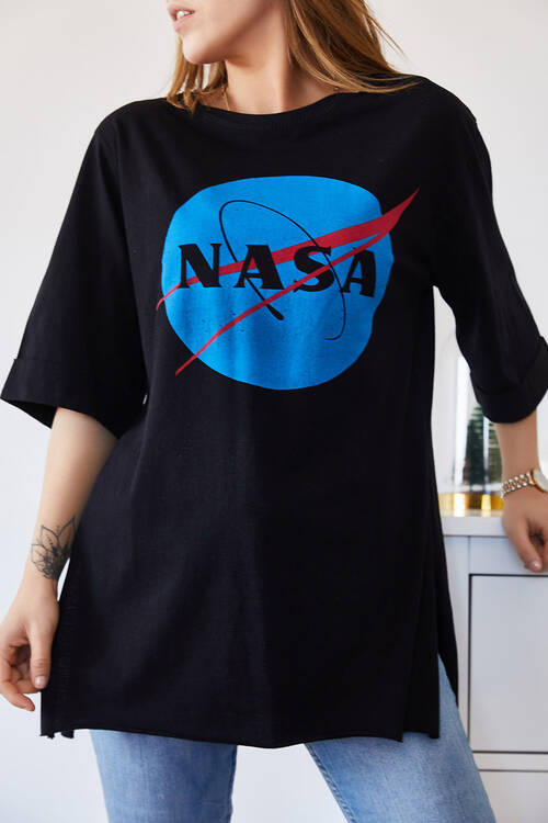 Siyah Nasa Baskılı Boyfriend Yırtmaçlı Tişört 9KXK1-43321-02 - 1