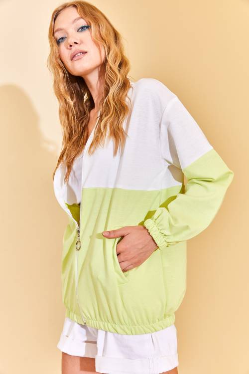 Neon Yeşil Renk Geçişli Fermuarlı Sweat Hırka 3KXK8-46812-89 - 4