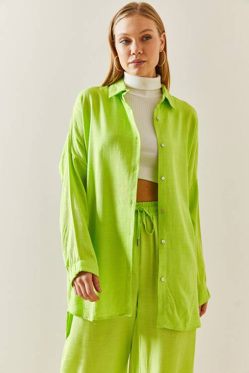 Neon Yeşili Asimetrik Kesim Keten Gömlek 3YXK2-46998-41 - 2