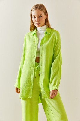Neon Yeşili Asimetrik Kesim Keten Gömlek 3YXK2-46998-41 - 4