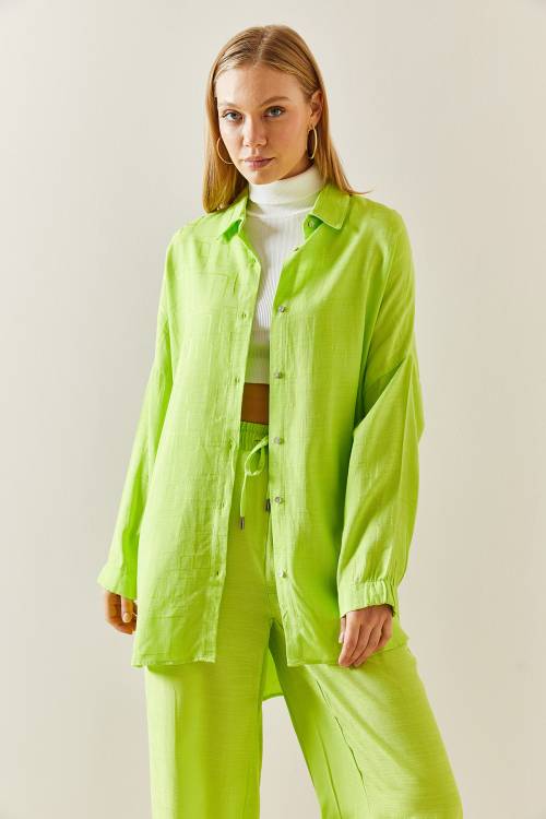 Neon Yeşili Asimetrik Kesim Keten Gömlek 3YXK2-46998-41 - 4