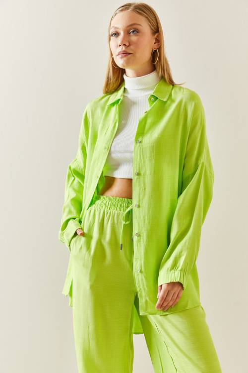Neon Yeşili Asimetrik Kesim Keten Gömlek 3YXK2-46998-41 - 5