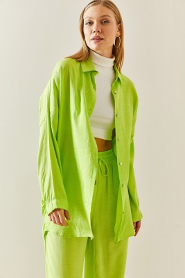 Neon Yeşili Asimetrik Kesim Keten Gömlek 3YXK2-46998-41 - 6