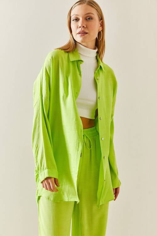 Neon Yeşili Asimetrik Kesim Keten Gömlek 3YXK2-46998-41 - 6