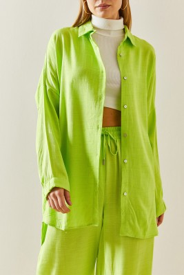 XHAN - Neon Yeşili Asimetrik Kesim Keten Gömlek 3YXK2-46998-41