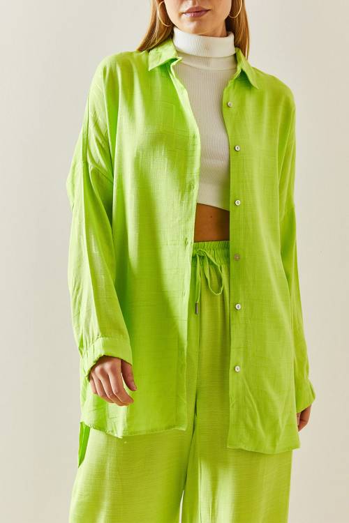 Neon Yeşili Asimetrik Kesim Keten Gömlek 3YXK2-46998-41 - 1