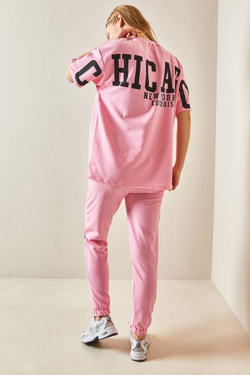 Pembe Arkası Baskılı Oversize Eşofman Takımı 4KXK8-47936-20 - 2