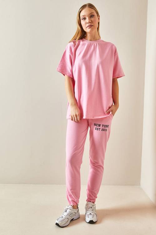 Pembe Arkası Baskılı Oversize Eşofman Takımı 4KXK8-47936-20 - 3