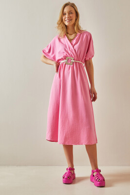 Pembe Balon Kol Seyyar Kemerli Midi Elbise 5YXK6-47990-20 - 4