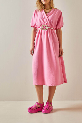 Pembe Balon Kol Seyyar Kemerli Midi Elbise 5YXK6-47990-20 