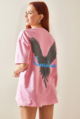 Pembe Bisiklet Yaka Arkası Baskılı Oversize Tişört 5YXK1-48210-20 - 2