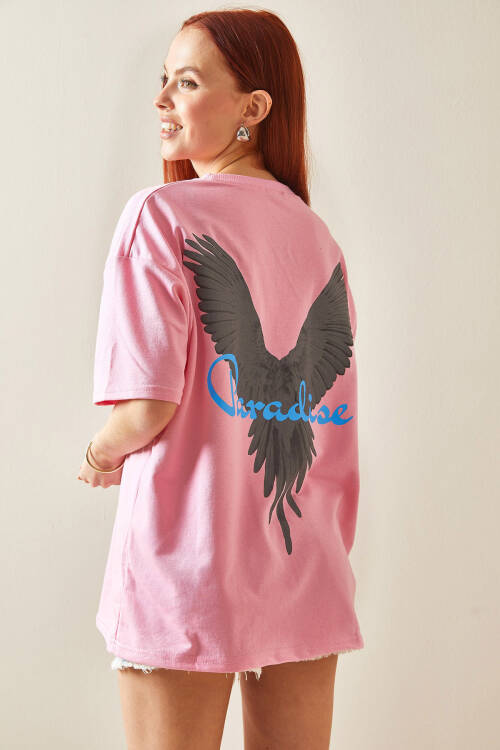 Pembe Bisiklet Yaka Arkası Baskılı Oversize Tişört 5YXK1-48210-20 - 2