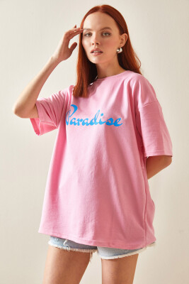 Pembe Bisiklet Yaka Arkası Baskılı Oversize Tişört 5YXK1-48210-20 - 4