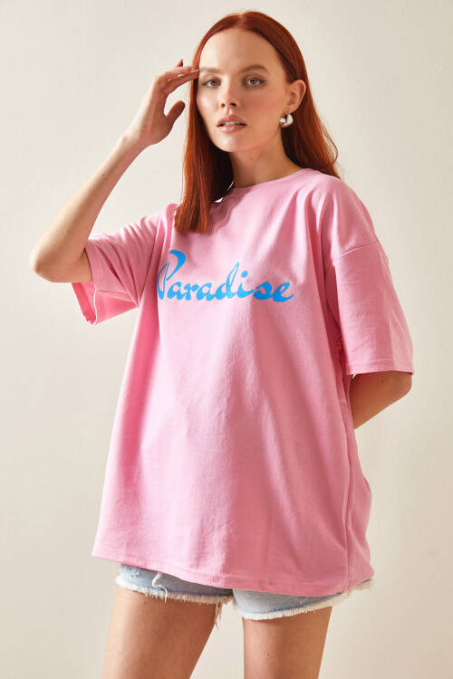 Pembe Bisiklet Yaka Arkası Baskılı Oversize Tişört 5YXK1-48210-20 - 4