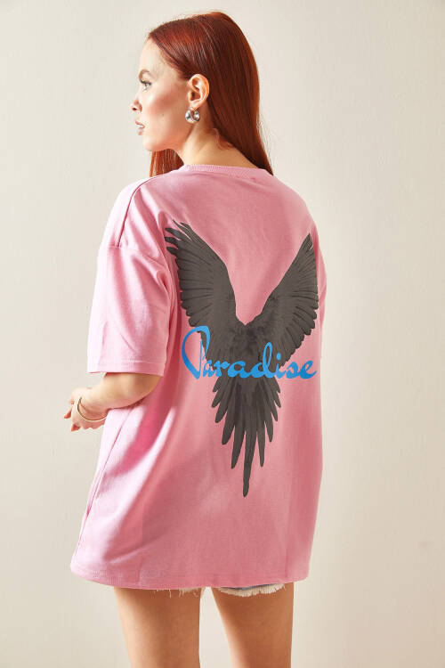 Pembe Bisiklet Yaka Arkası Baskılı Oversize Tişört 5YXK1-48210-20 - 3