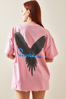 Pembe Bisiklet Yaka Arkası Baskılı Oversize Tişört 5YXK1-48210-20 - 7
