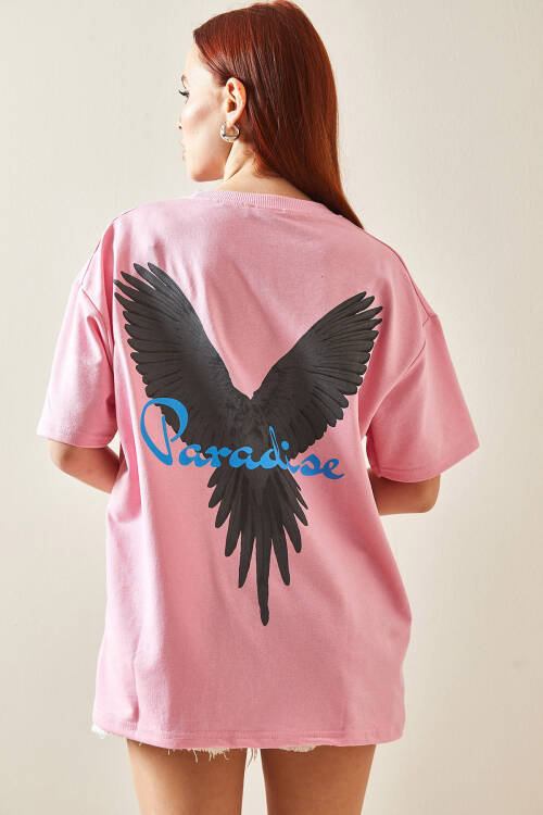 Pembe Bisiklet Yaka Arkası Baskılı Oversize Tişört 5YXK1-48210-20 - 7