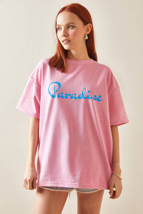 Pembe Bisiklet Yaka Arkası Baskılı Oversize Tişört 5YXK1-48210-20 - 5