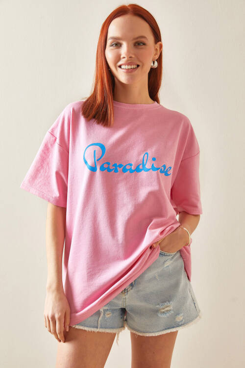 Pembe Bisiklet Yaka Arkası Baskılı Oversize Tişört 5YXK1-48210-20 - 6