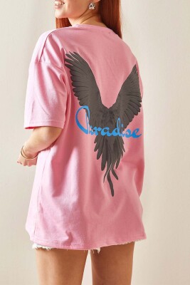 Pembe Bisiklet Yaka Arkası Baskılı Oversize Tişört 5YXK1-48210-20 