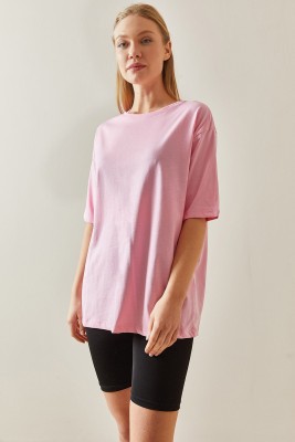Pembe Bisiklet Yaka Basic Oversize Tişört 4KXK1-47895-20 
