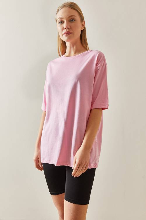Pembe Bisiklet Yaka Basic Oversize Tişört 4KXK1-47895-20 - 1