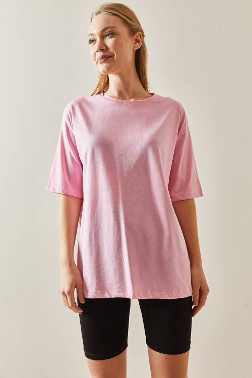 Pembe Bisiklet Yaka Basic Oversize Tişört 4KXK1-47895-20 - 3