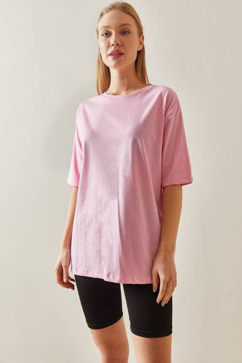 Pembe Bisiklet Yaka Basic Oversize Tişört 4KXK1-47895-20 - 4