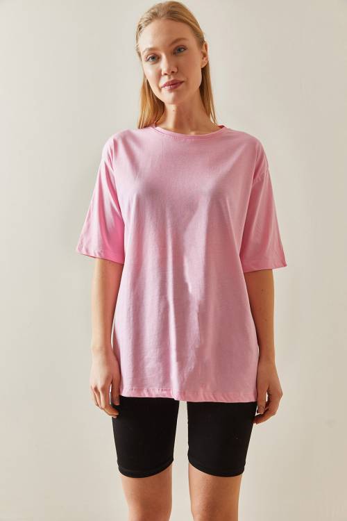 Pembe Bisiklet Yaka Basic Oversize Tişört 4KXK1-47895-20 - 5