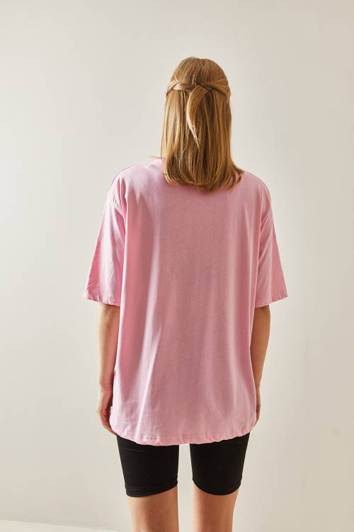 Pembe Bisiklet Yaka Basic Oversize Tişört 4KXK1-47895-20 - 6