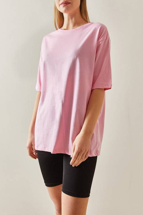 Pembe Bisiklet Yaka Basic Oversize Tişört 4KXK1-47895-20 - 2