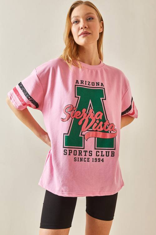 Pembe Bisiklet Yaka Önü Baskılı Oversize Tişört 4KXK1-47926-20 - 2