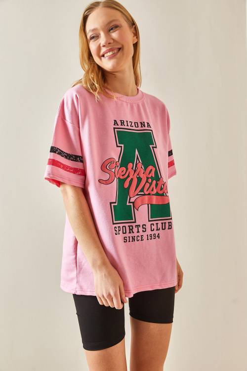Pembe Bisiklet Yaka Önü Baskılı Oversize Tişört 4KXK1-47926-20 - 3