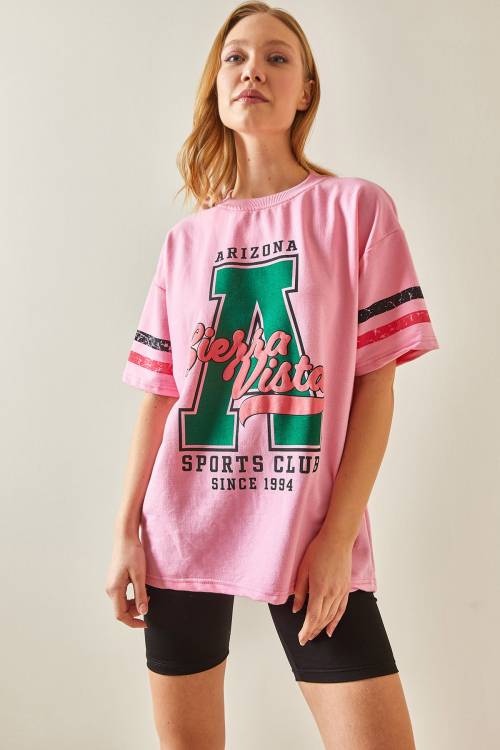 Pembe Bisiklet Yaka Önü Baskılı Oversize Tişört 4KXK1-47926-20 - 4