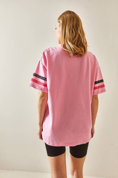 Pembe Bisiklet Yaka Önü Baskılı Oversize Tişört 4KXK1-47926-20 - 5