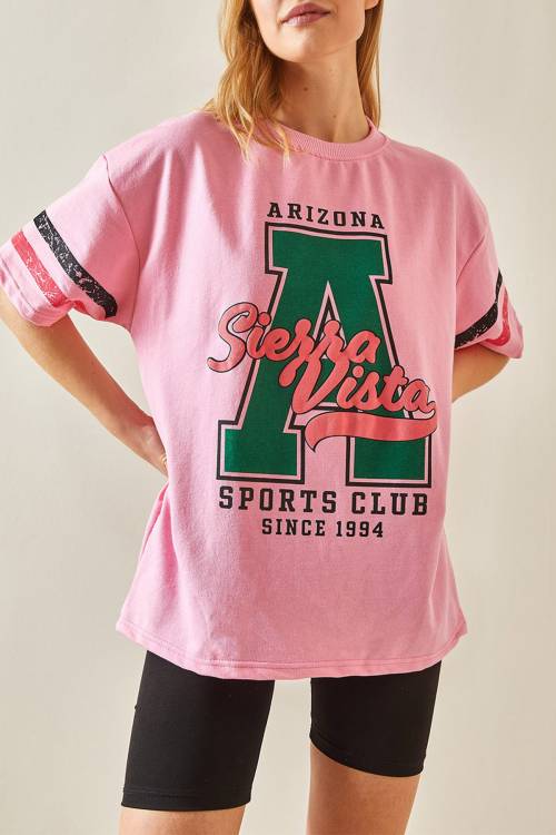 Pembe Bisiklet Yaka Önü Baskılı Oversize Tişört 4KXK1-47926-20 - 1