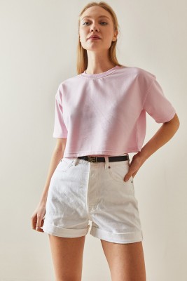 Pembe Bisiklet Yaka Oversize Crop Tişört 4KXK1-47899-20 