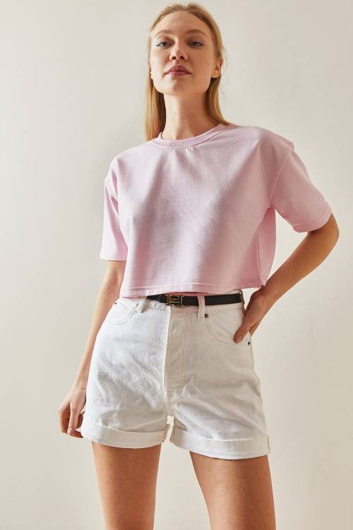 Pembe Bisiklet Yaka Oversize Crop Tişört 4KXK1-47899-20 - 2
