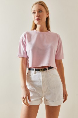 Pembe Bisiklet Yaka Oversize Crop Tişört 4KXK1-47899-20 - 3