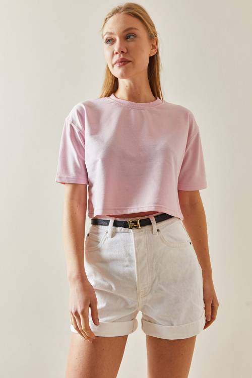 Pembe Bisiklet Yaka Oversize Crop Tişört 4KXK1-47899-20 - 3