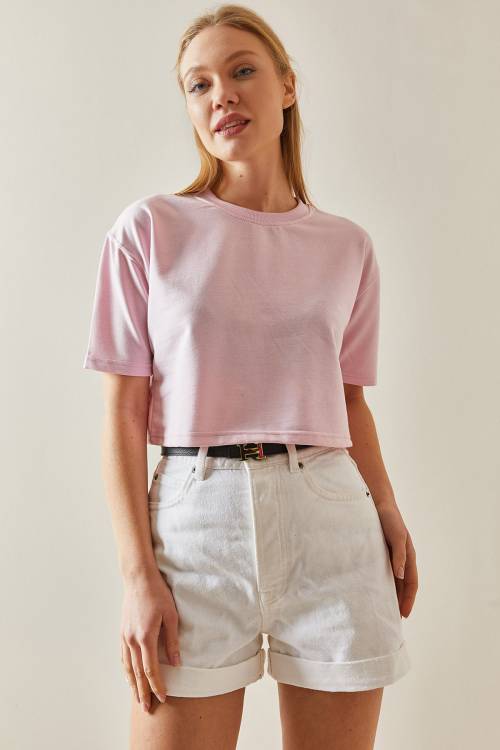 Pembe Bisiklet Yaka Oversize Crop Tişört 4KXK1-47899-20 - 4