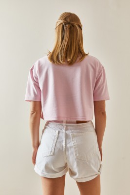 Pembe Bisiklet Yaka Oversize Crop Tişört 4KXK1-47899-20 - 5