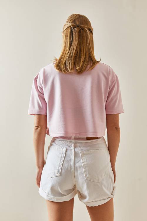 Pembe Bisiklet Yaka Oversize Crop Tişört 4KXK1-47899-20 - 5