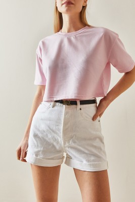 Pembe Bisiklet Yaka Oversize Crop Tişört 4KXK1-47899-20 - 1