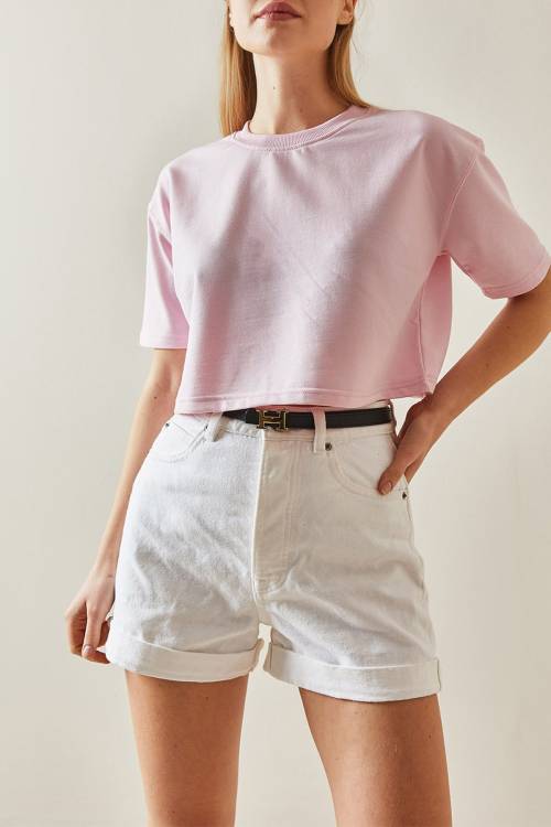 Pembe Bisiklet Yaka Oversize Crop Tişört 4KXK1-47899-20 - 1