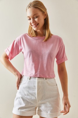 Pembe Bisiklet Yaka Oversize Kolları Katlı Crop Tişört 4KXK1-47900-20 