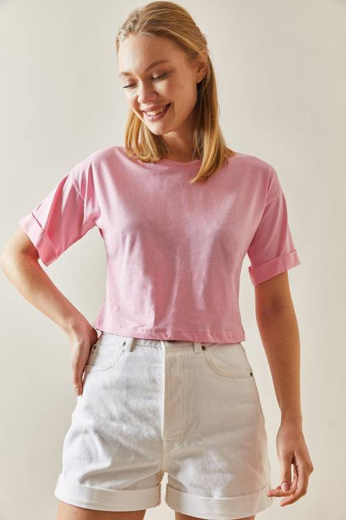 Pembe Bisiklet Yaka Oversize Kolları Katlı Crop Tişört 4KXK1-47900-20 - 2