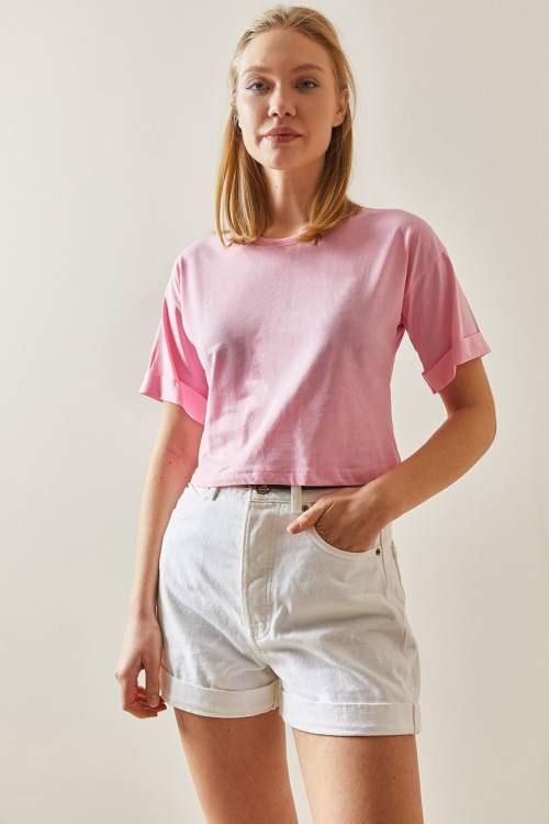 Pembe Bisiklet Yaka Oversize Kolları Katlı Crop Tişört 4KXK1-47900-20 - 3