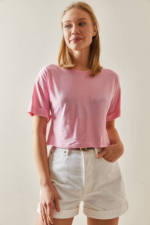 Pembe Bisiklet Yaka Oversize Kolları Katlı Crop Tişört 4KXK1-47900-20 - 4
