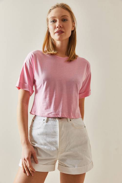 Pembe Bisiklet Yaka Oversize Kolları Katlı Crop Tişört 4KXK1-47900-20 - 5